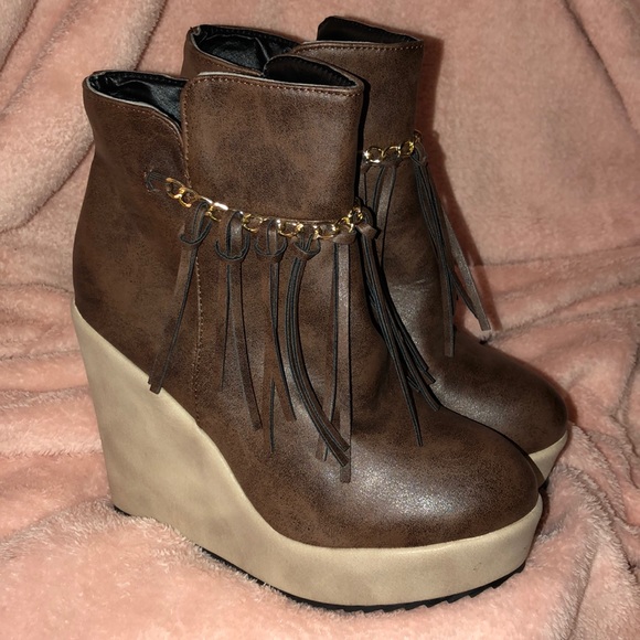 Shoes - Brown wedge booties with chain & tassel detail